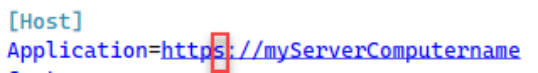 Ausschnitt einer Client-config.ini mit der Sektion «Host» und dem rot markierten Eintrag Application=https://myServerComputername.