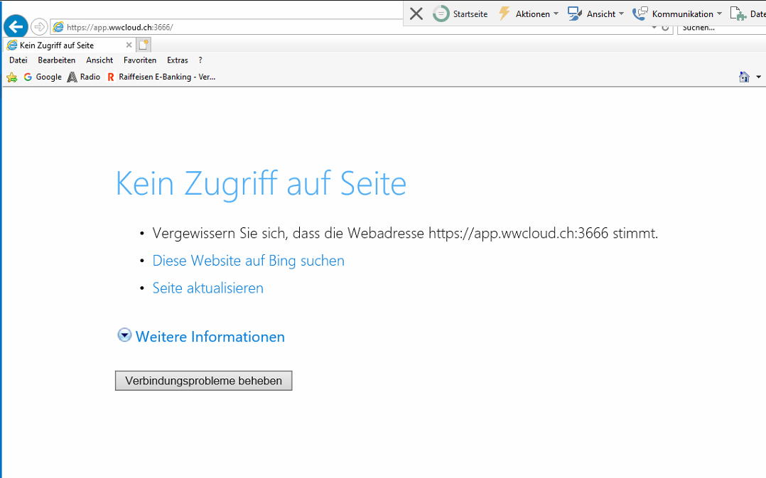 Browserfenster mit der Fehlerseite «Kein Zugriff auf Seite» zur Adresse https://app.wwcloud.ch:3666; angeboten werden «Seite aktualisieren» und «Verbindungsprobleme beheben».