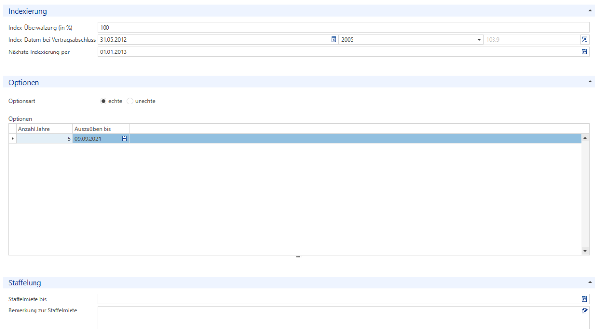 Verhältnisse/Vertrag – Indexierung / Optionen / Staffelung