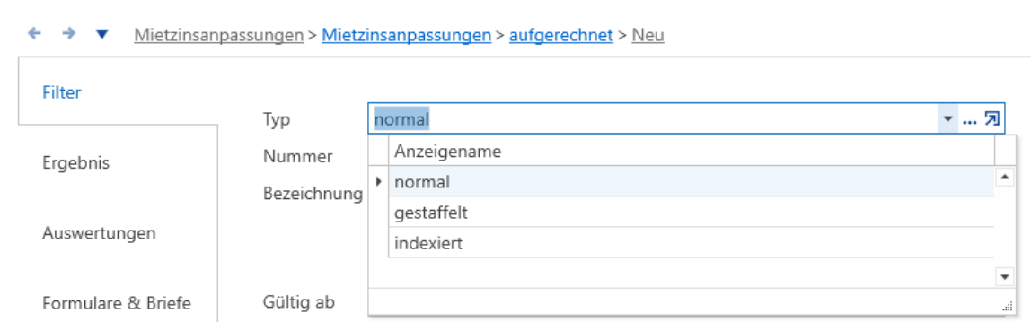 Register «Filter» eines neuen Laufs: das Feld «Typ» ist aufgeklappt und zeigt die drei Anpassungstypen «normal», «gestaffelt» und «indexiert».
