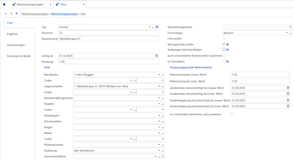 Ausgefülltes Register «Filter»: links Typ, Nummer, Bezeichnung, Gültig ab, Rundung, Filter auf Mandant und Liegenschaft; rechts Formulartyp, Prüf-Flags und Anpassungsgründe mit Referenzzinssatz.