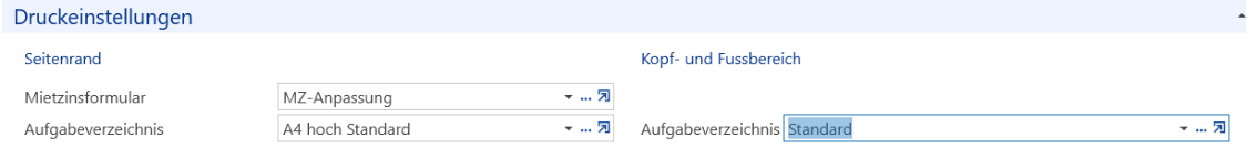 Block «Druckeinstellungen»: links die Seitenrand-Vorlagen für Mietzinsformular («MZ-Anpassung») und Aufgabeverzeichnis («A4 hoch Standard»), rechts der Kopf- und Fussbereich.