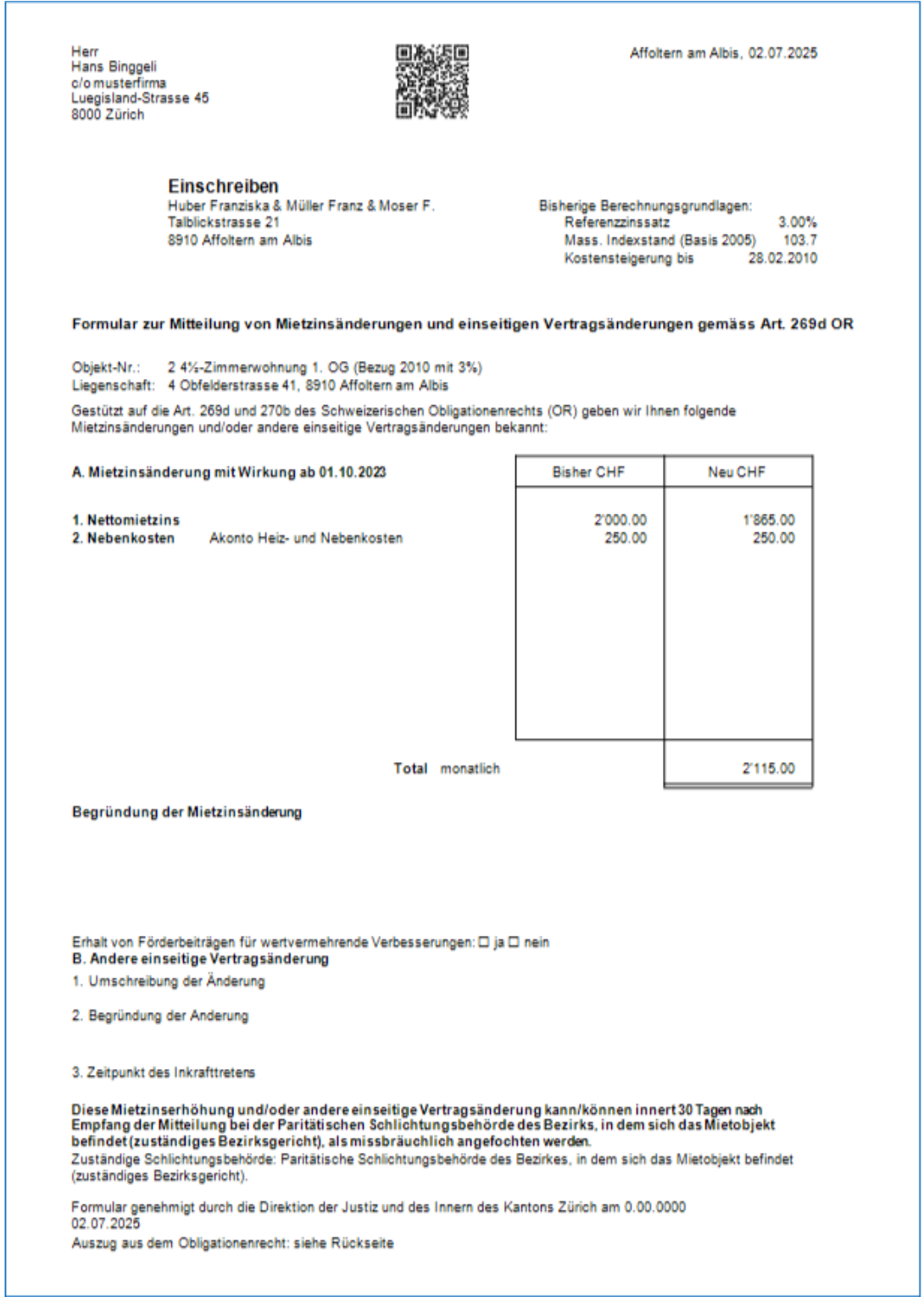 Amtliches Formular nach Art. 269d OR: Objekt und Liegenschaft, die bisherigen Berechnungsgrundlagen (Referenzzinssatz, Indexstand, Kostensteigerung) und die Tabelle Bisher/Neu mit Monatstotal.