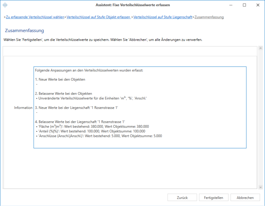 Schritt 4 «Zusammenfassung»: der Informationsblock listet neue und belassene Werte je Objekt und Liegenschaft; mit «Fertigstellen» werden sie gespeichert, mit «Abbrechen» verworfen.