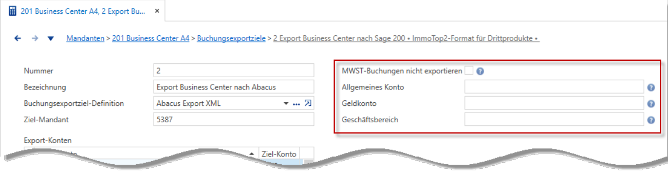 Buchungsexportziel mit Definition «Abacus Export XML»; rot markiert die Zusatzfelder «MWST-Buchungen nicht exportieren», «Allgemeines Konto», «Geldkonto» und «Geschäftsbereich».