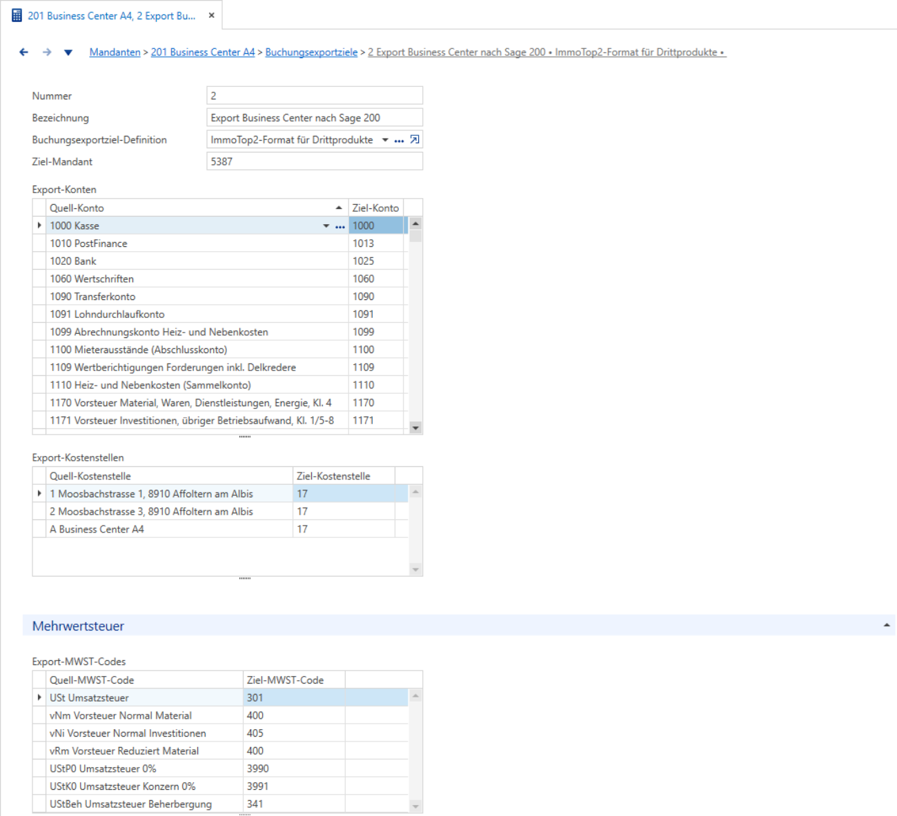 Buchungsexportziel auf dem Mandanten mit Definition «ImmoTop2-Format für Drittprodukte», Ziel-Mandant 5387 sowie den Tabellen Export-Konten, Export-Kostenstellen und Export-MWST-Codes.