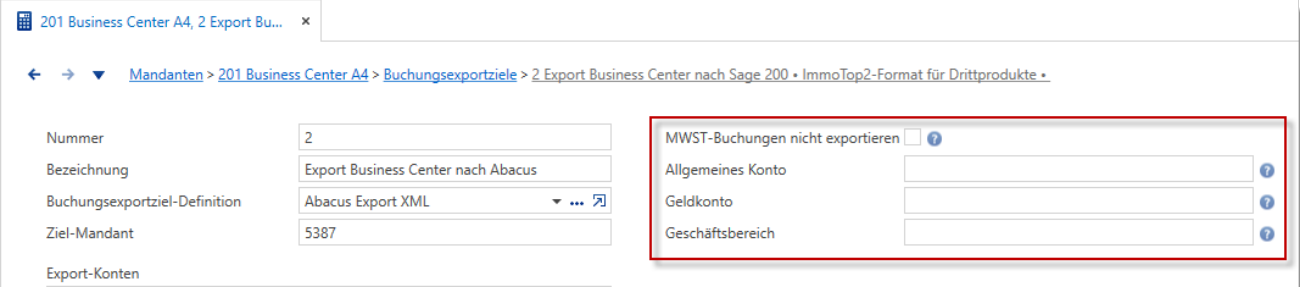 Buchungsexportziel mit Definition «Abacus Export XML»; rot markiert die Zusatzfelder «MWST-Buchungen nicht exportieren», «Allgemeines Konto», «Geldkonto» und «Geschäftsbereich».