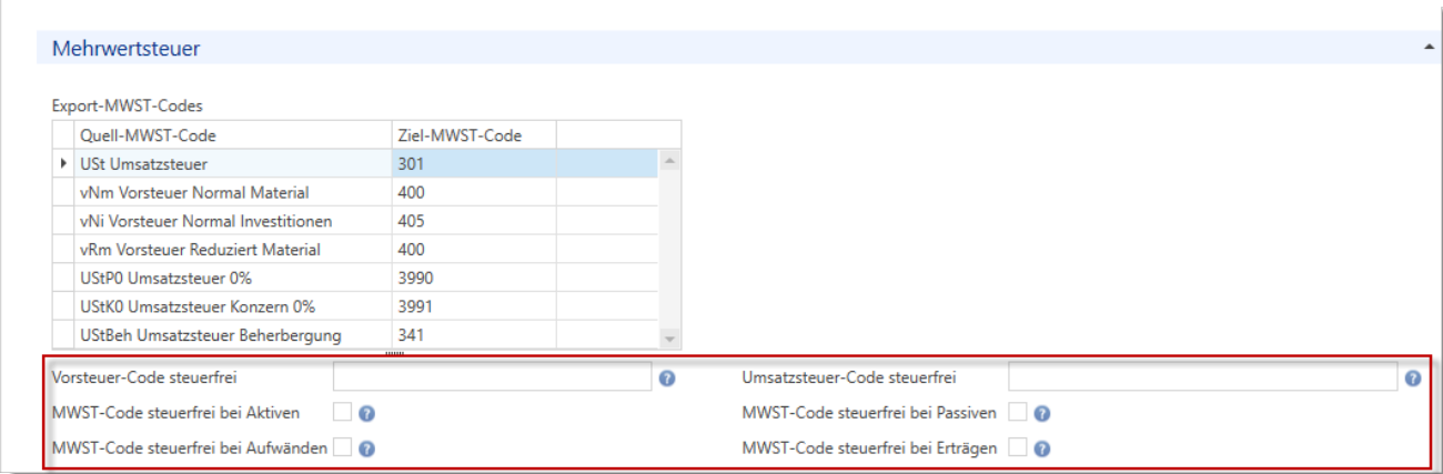 Rollo «Mehrwertsteuer» mit Tabelle Export-MWST-Codes; rot markiert die Felder «Vorsteuer-Code steuerfrei», «Umsatzsteuer-Code steuerfrei» und vier Häkchen für steuerfreie MWST-Codes.