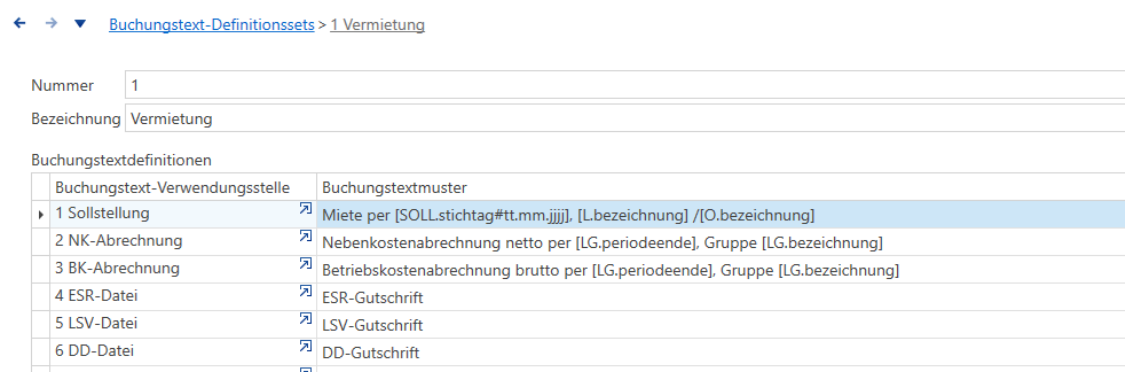 Bassdaten/Verarbeitungen/Buchungstext-Definitionssets/Vermietung