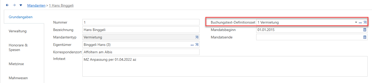 Stammdaten/Mandanten/Grundangaben/Buchungstext-Definitionsset