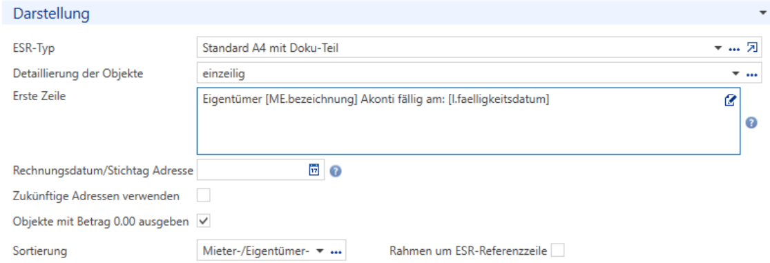 Verarbeitungen/Inkasso/ESR-Druck für Mietzinse/Budgetraten/Darstellung