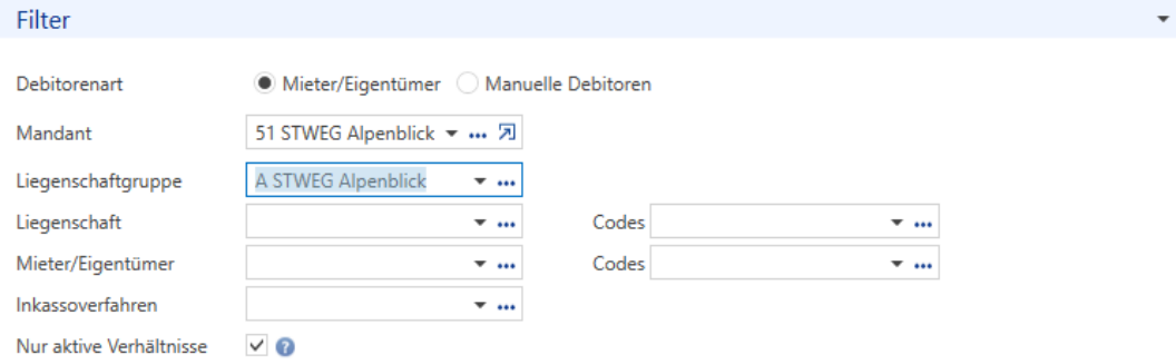 Verarbeitungen/Inkasso/Einforderungen fester oder variabler Beträge/Unterdialog Filter/Filter