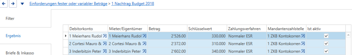 Verarbeitungen/Inkasso/Einforderungen fester oder variabler Beträge/Unterdialog Ergebnis