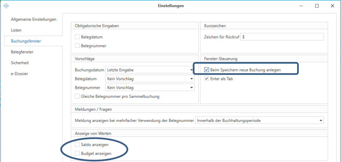 Anwendungsmenu/Einstellungen/Buchungsfenster