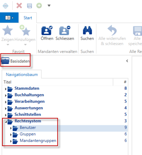 Navigationsbaum Basisdaten mit rot markiertem Knoten Rechtesystem und den darunter liegenden Einträgen Benutzer, Gruppen und Mandantengruppen.