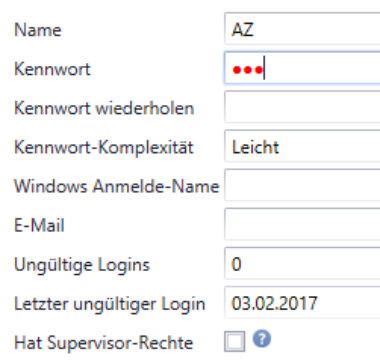 Benutzermaske im Rechtesystem mit den Feldern Name, Kennwort, Kennwort-Komplexität «Leicht», Windows Anmelde-Name, E-Mail, Ungültige Logins und «Hat Supervisor-Rechte».