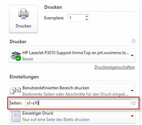 Druckdialog von ImmoTop2: unter «Einstellungen» ist «Benutzerdefinierten Bereich drucken» gewählt, im Feld «Seiten» steht die markierte Eingabe «s1-s10»