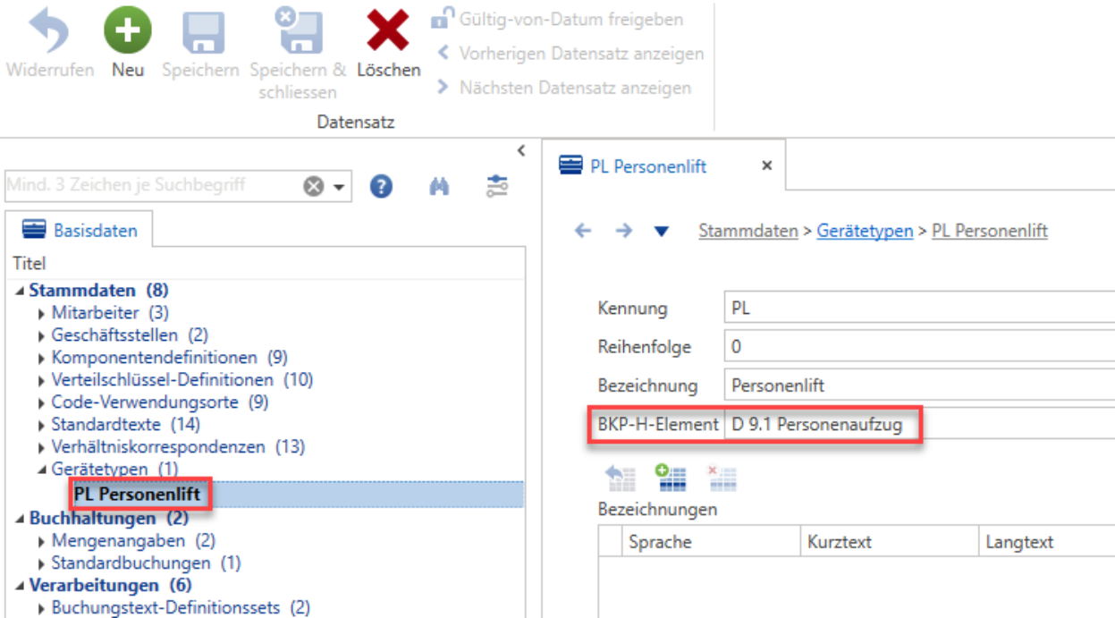 Basisdaten nach dem Speichern: unter «Gerätetypen (1)» steht «PL Personenlift», rechts die Grundangaben mit dem hervorgehobenen BKP-H-Element D 9.1 Personenaufzug.
