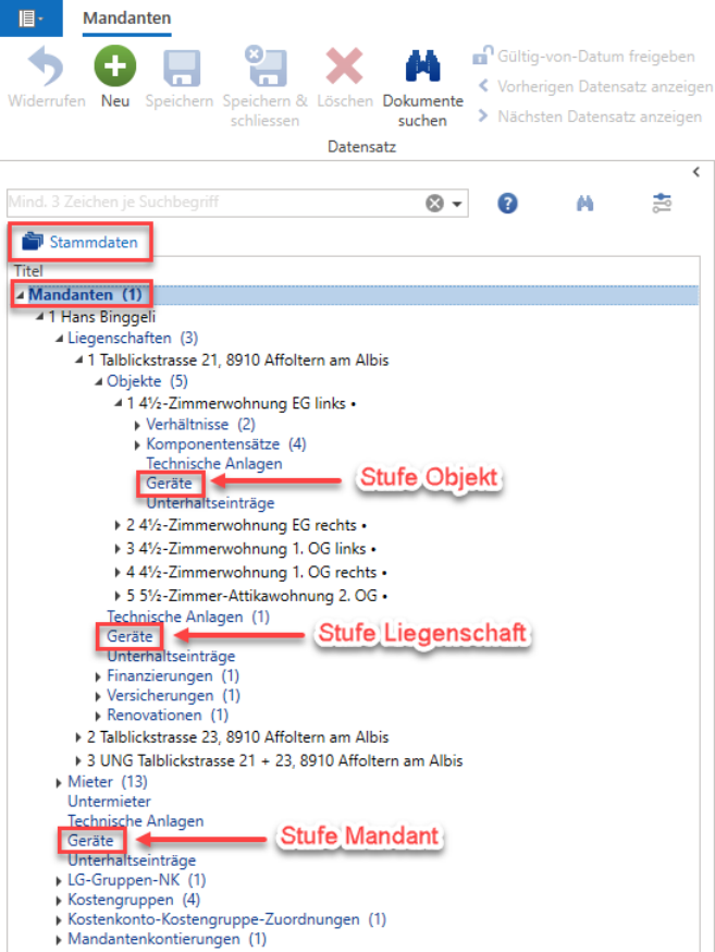 ImmoTop2, Stammdaten / Mandanten: der Navigationsbaum zeigt den Knoten «Geräte» auf allen drei Stufen - Objekt, Liegenschaft und Mandant -, je im Bild beschriftet.