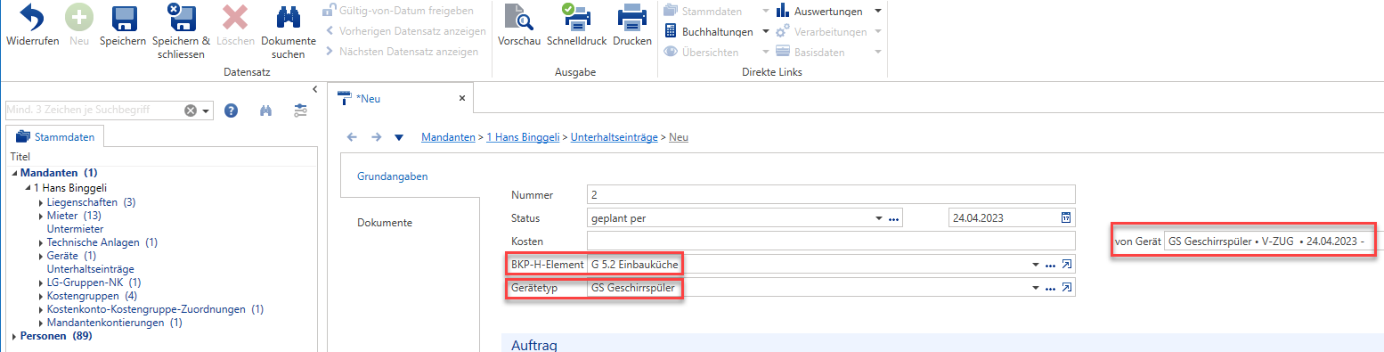 Unterhaltseintrag, «Grundangaben»: Status «geplant per» mit Datum und Kosten; hervorgehoben «BKP-H-Element» G 5.2 Einbauküche und «Gerätetyp» GS Geschirrspüler, rechts «von Gerät».