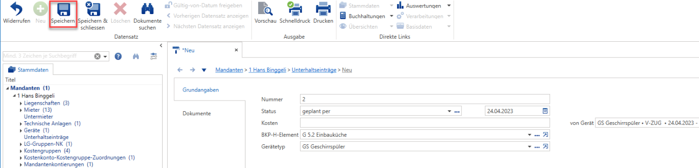 Derselbe Unterhaltseintrag vor dem Speichern mit BKP-H-Element G 5.2 Einbauküche, Gerätetyp GS Geschirrspüler und dem verknüpften Gerät; bestätigt wird über «Speichern» im Menüband.