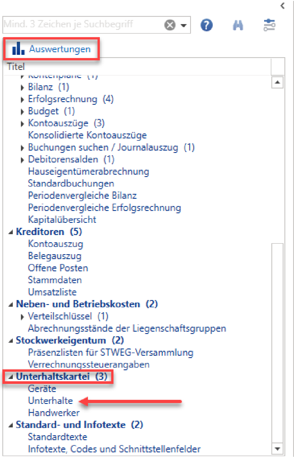 ImmoTop2, Auswertungen: im Baum ist unter «Unterhaltskartei (3)» der Report «Unterhalte» mit einem Pfeil markiert.