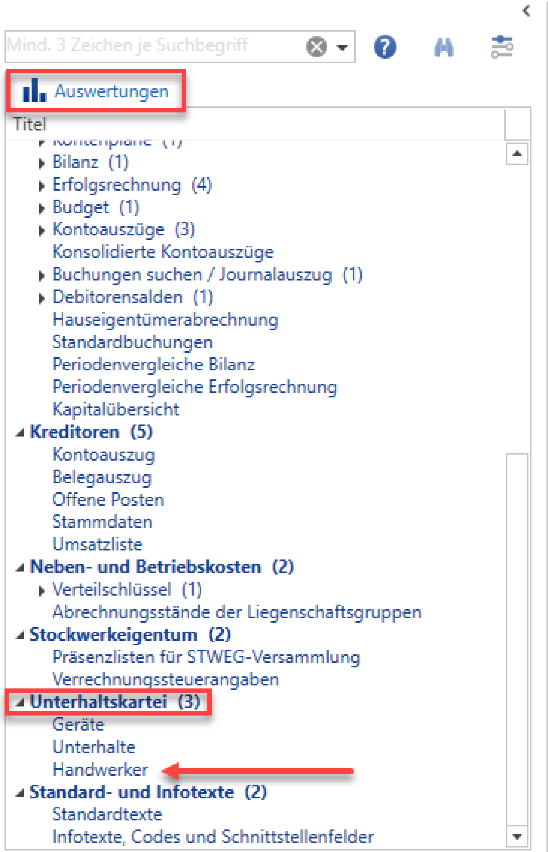 ImmoTop2, Auswertungen: im Baum ist unter «Unterhaltskartei (3)» der Report «Handwerker» mit einem Pfeil markiert.