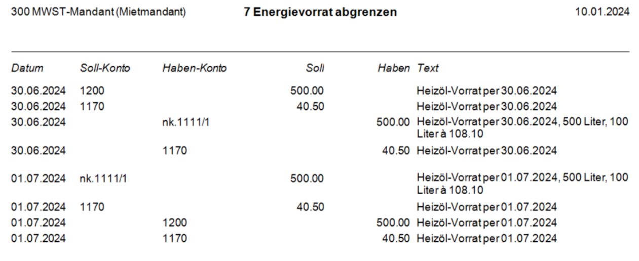 Protokoll «Energievorrat abgrenzen»: vier Buchungen bilden die Abgrenzung per Periodenende, vier lösen sie am Folgetag wieder auf — über Vorratskonto 1200, nk.1111/1 und Vorsteuerkonto 1170.