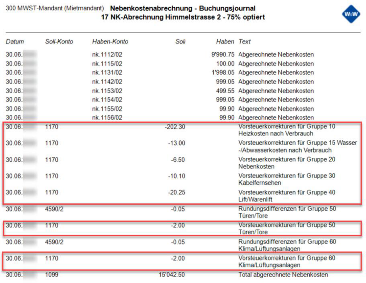 Buchungsjournal der Nebenkostenabrechnung: je Kostengruppe eine eigene negative Buchung «Vorsteuerkorrekturen für Gruppe …» auf Konto 1170, getrennt davon die Rundungsdifferenzen auf 4590.