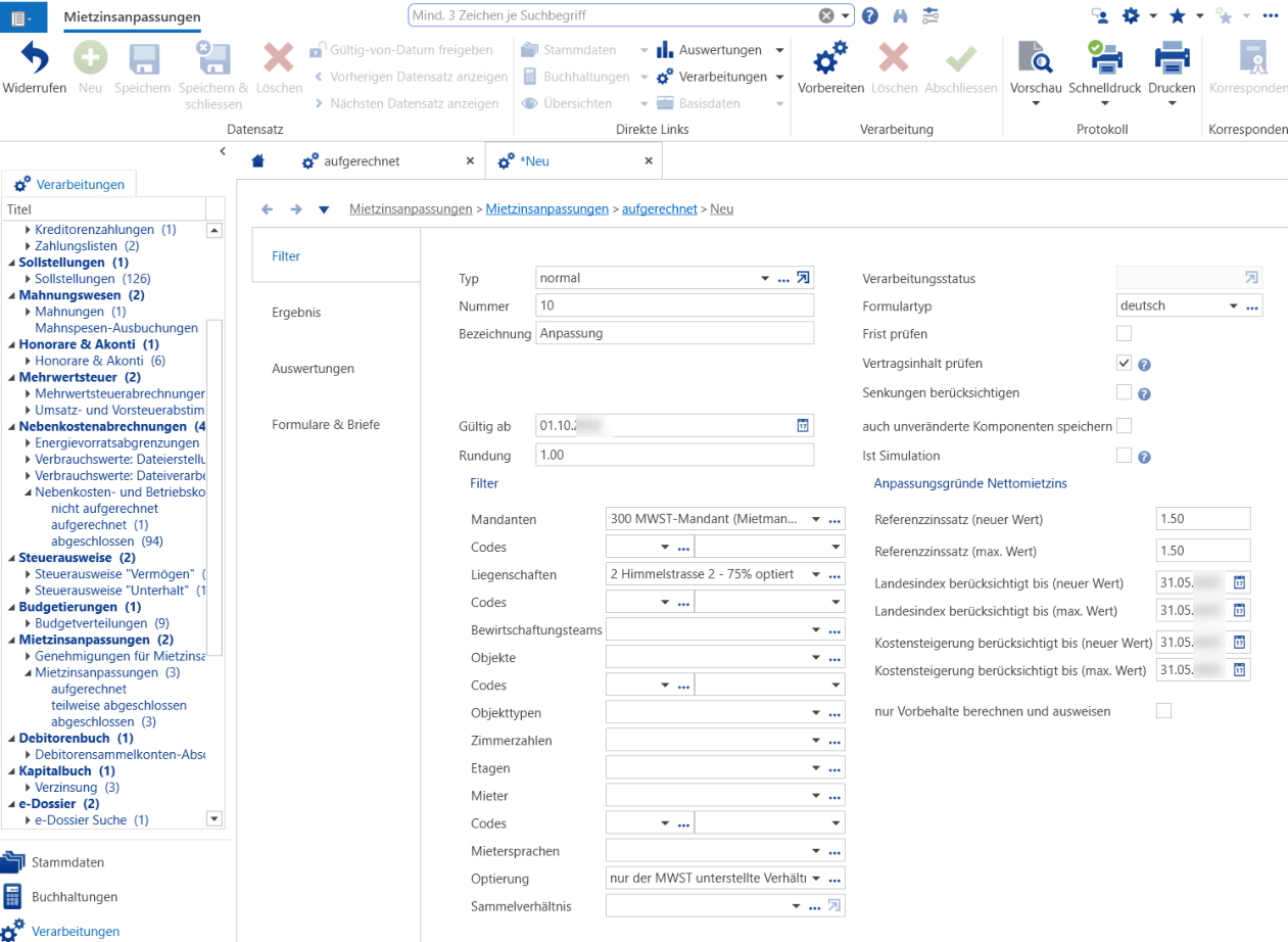 Dieselbe Maske ausgefüllt: Mandant und Liegenschaft gewählt, «Optierung» auf «nur der MWST unterstellte Verhältnisse», rechts Referenzzinssatz sowie Stichdaten für Index und Kostensteigerung.