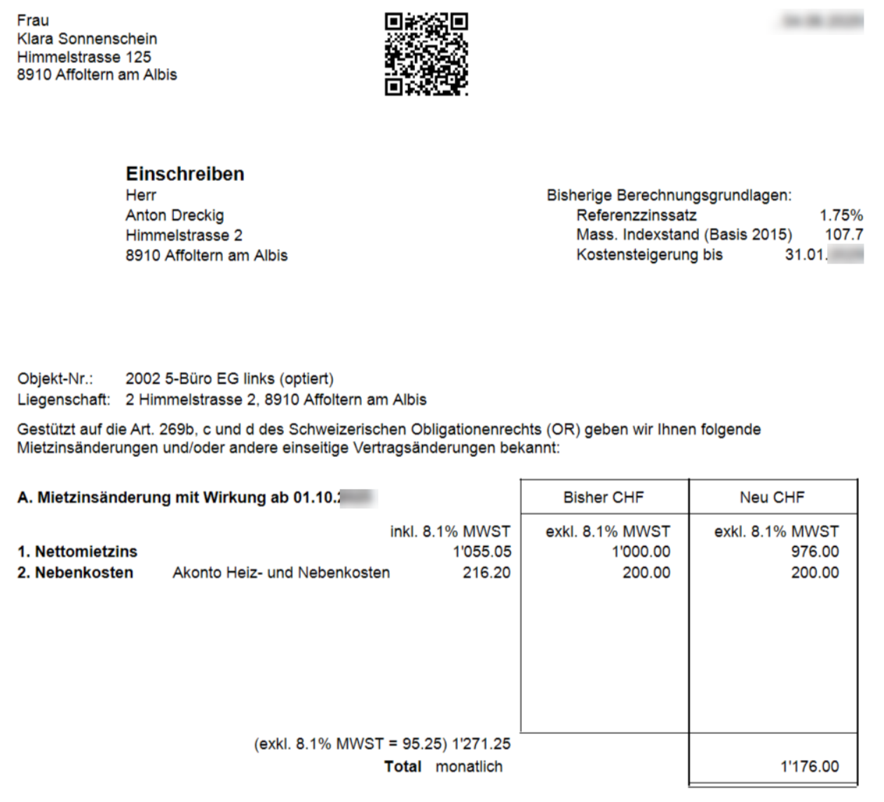 Amtliches Mietzinsänderungsformular: der Objektvermerk weist das Objekt als «(optiert)» aus; die Tabelle «A. Mietzinsänderung» stellt Bisher und Neu gegenüber, beide «exkl. 8.1 % MWST», links inkl.