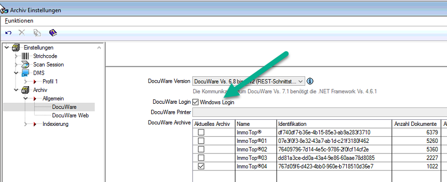 DocuWare-Archiv-Einstellungen, Zweig DMS / Archiv / Allgemein / DocuWare: das Häkchen «DocuWare Login: Windows Login» ist gesetzt; darunter die Tabelle der DocuWare-Archive mit dem aktuellen Archiv.
