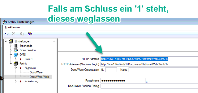 Zweig «DocuWare Web» derselben Einstellungen mit «HTTP-Adresse» und «HTTP-Adresse (Windows Login)»; steht am Schluss der Adresse eine 1, diese beim Aufruf im Browser weglassen.
