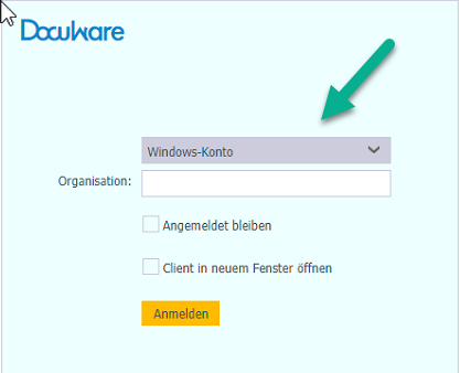 DocuWare-Anmeldefenster im Browser: im Auswahlfeld ist «Windows-Konto» gewählt, darunter das Feld Organisation und die Schaltfläche «Anmelden».