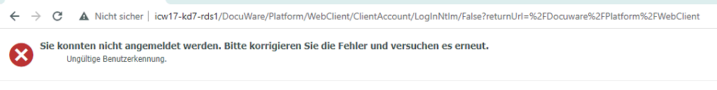 Fehlerseite des DocuWare WebClients: «Sie konnten nicht angemeldet werden. Bitte korrigieren Sie die Fehler und versuchen es erneut.» mit dem Detail «Ungültige Benutzerkennung».