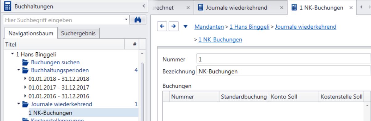 Navigationsbaum eines Mandanten mit Ordner «Journale wiederkehrend» und Eintrag «1 NK-Buchungen»; rechts die Maske mit Nummer 1, Bezeichnung «NK-Buchungen» und leerer Buchungstabelle
