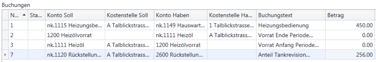 Buchungstabelle mit vier Zeilen und den Spalten Konto Soll, Kostenstelle Soll, Konto Haben, Buchungstext und Betrag; Buchungstexte Heizungsbedienung, Vorrat Ende Periode und Anteil Tankrevision