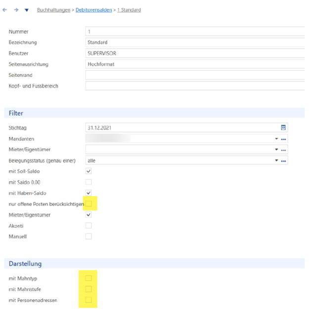 Auswertung «Debitorensalden», Register Filter und Darstellung: gesetzt «mit Soll-Saldo», «mit Haben-Saldo», «Mieter/Eigentümer»; gelb markiert und leer bleiben «nur offene Posten» und «mit Mahntyp».