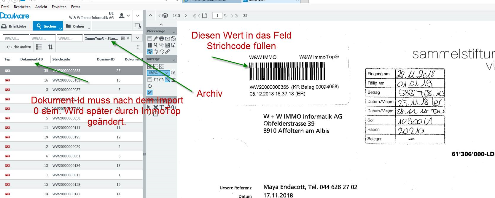 DocuWare-Trefferliste mit Dokument-ID, Strichcode und Dossier-ID neben einem gescannten Kreditorenbeleg: der Barcodewert gehört ins Indexfeld Strichcode, die Dokument-ID muss 0 sein.