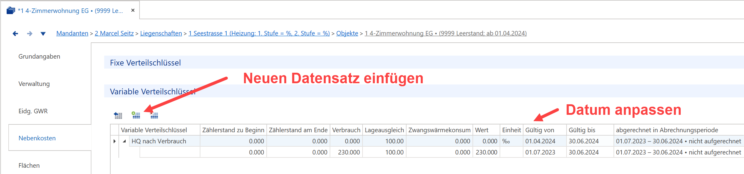 Objekt-Unterdialog «Nebenkosten», Bereich «Variable Verteilschlüssel» mit Zählerstand, Verbrauch, Wert, Gültig von und Gültig bis; rote Pfeile auf «Neuen Datensatz einfügen» und «Gültig von».