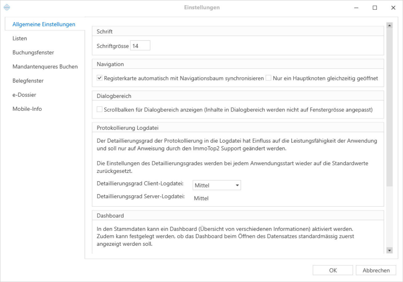 Dialog «Einstellungen», Seite «Allgemeine Einstellungen»: Schriftgrösse, Navigation (Registerkarte mit Navigationsbaum synchronisieren), Dialogbereich, Protokollierung Logdatei und Dashboard.