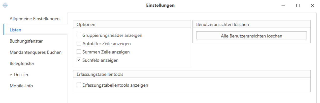 Anwendungsfenster/Einstellungen/Listen