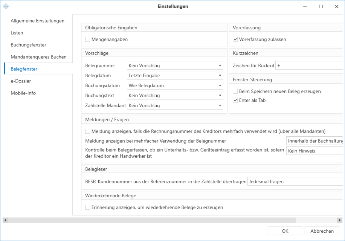 Anwendungsfenster/Einstellungen/Belegfenster