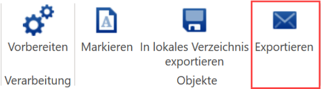 Dasselbe Menüband, diesmal ist die Schaltfläche «Exportieren» hervorgehoben - damit startet die Übermittlung auf den FTP-Server des Marktplatzanbieters.