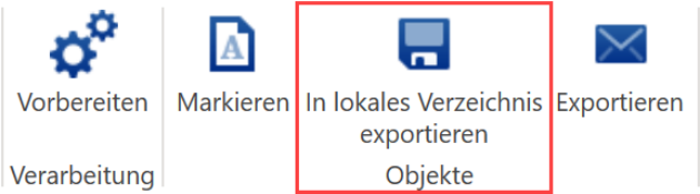 Dasselbe Menüband, diesmal ist die Schaltfläche «In lokales Verzeichnis exportieren» hervorgehoben - sie legt die Exportdatei und die zugehörigen Dateien lokal ab.