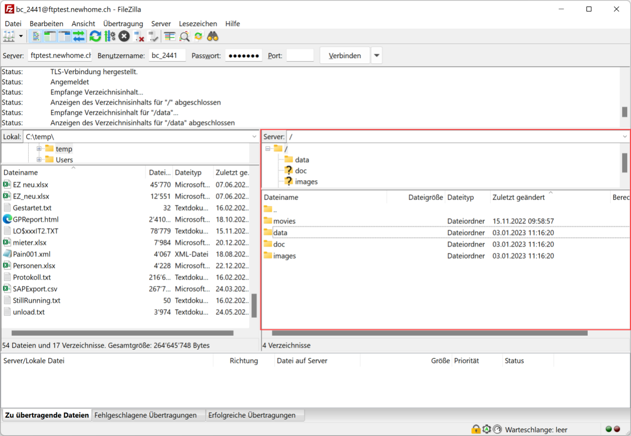 FileZilla am FTP-Server des Marktplatzanbieters: das Statusfenster meldet TLS-Verbindung und Anmeldung; rechts die vier Ordner movies, data, doc und images, links das lokale Verzeichnis.