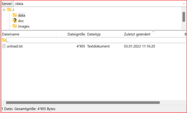 FileZilla, Serverordner /data: er enthält genau die Datei «unload.txt» mit Grösse und Änderungszeitstempel — daran lässt sich prüfen, wann die Inseratedatei zuletzt übermittelt wurde.
