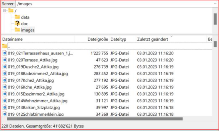 FileZilla, Serverordner /images: die hochgeladenen JPG-Dateien mit durchnummerierten Namen, alle mit demselben Änderungsdatum; die Statuszeile meldet 220 Dateien mit rund 41,9 MB.