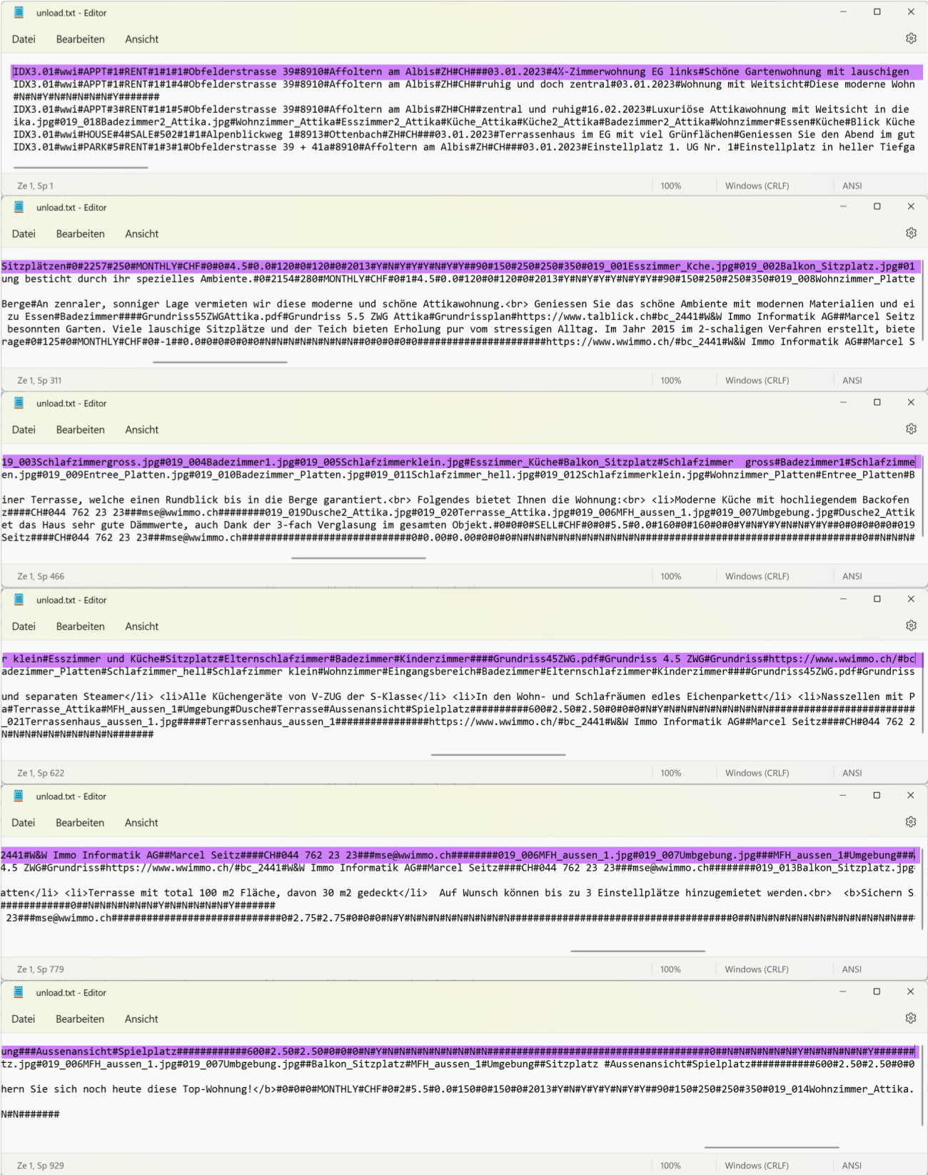 Die Datei unload.txt im Editor: jede Zeile beginnt mit «IDX3.01#», danach durch # getrennt Objekt- und Vermarktungsart, Adresse, Datum, Titel und Beschreibung, Bilddateien, Kontakt und Zahlenfelder.