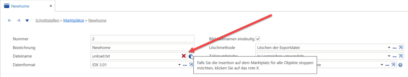 Marktplatz-Eintrag «Newhome»: ein Pfeil zeigt auf das rote X neben dem Feld «Dateiname»; der Tooltipp erklärt, dass man damit die Insertion für alle Objekte stoppt.